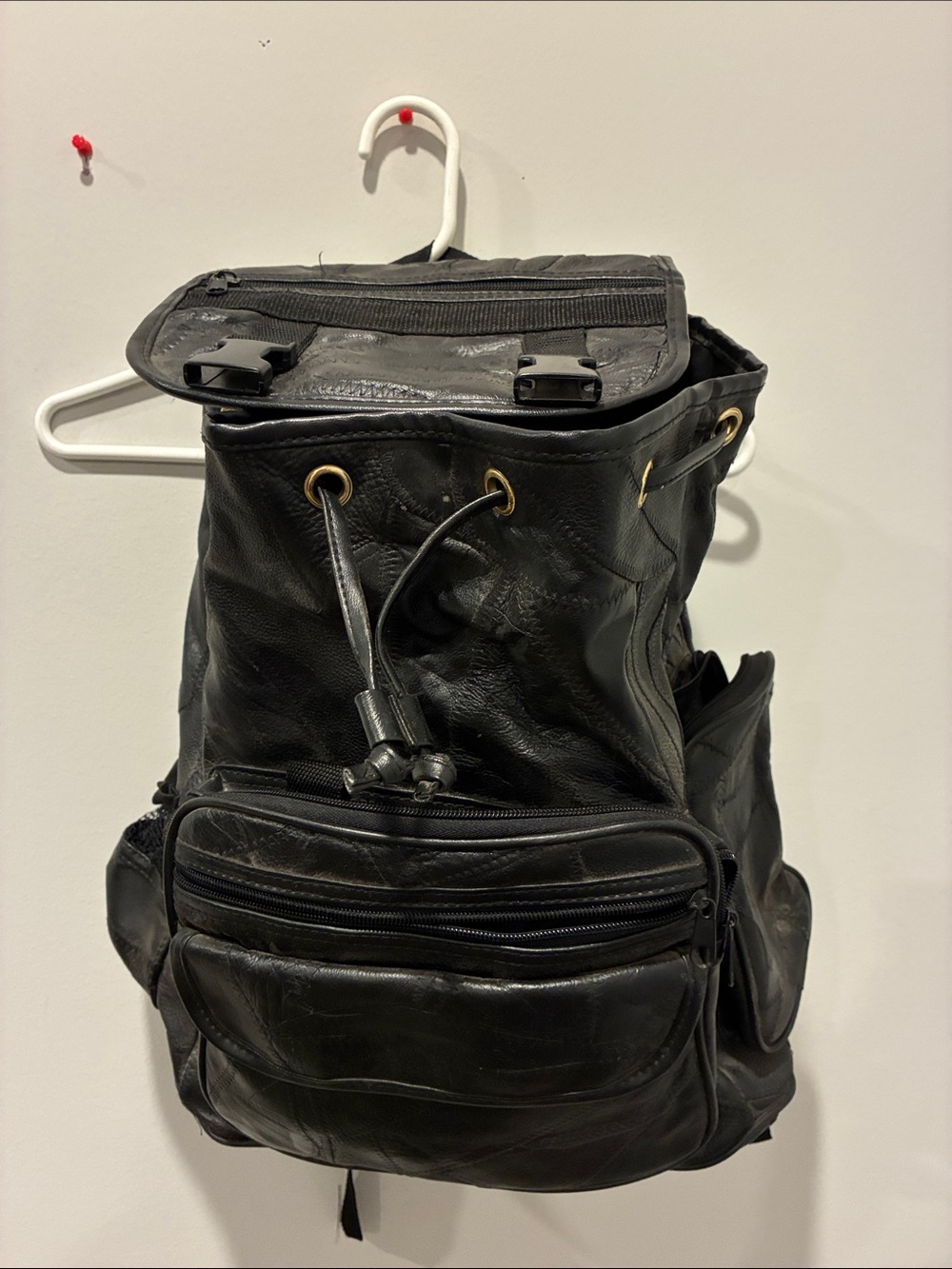 Black Leather Drawstring Backpack - Men's Classic Style
